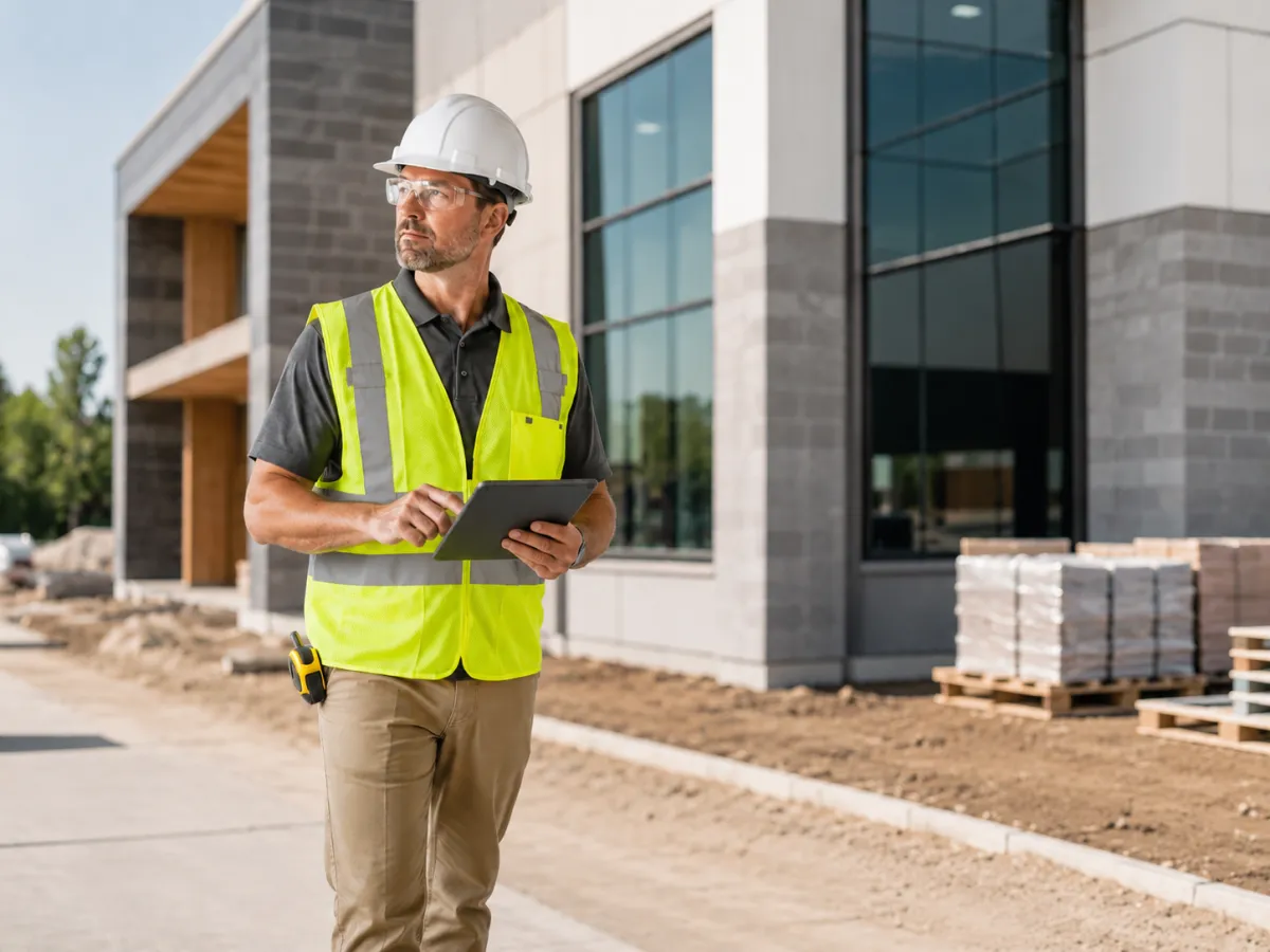 Smiling construction crew member with team working on a commercial build in the background for Skilled Labor Contractor