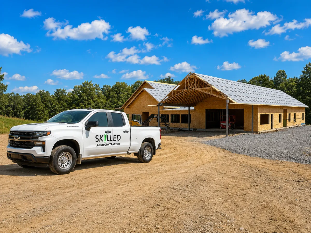 Skilled Labor Contractor crew member smiling on a commercial construction jobsite with team working in the background