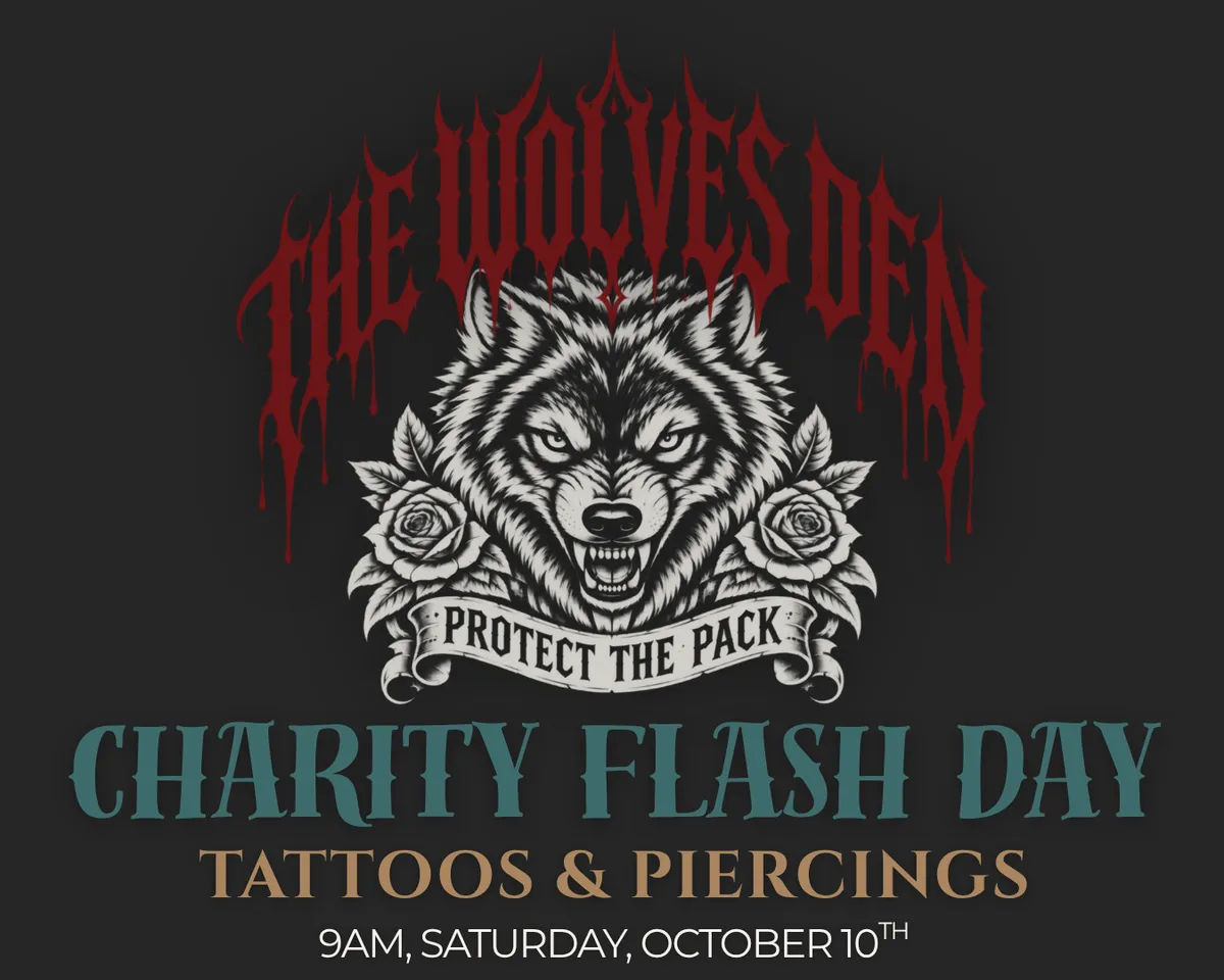 The Wolves Den Charity Flash Day 2026 promotional graphic featuring Protect the Pack campaign artwork, Saturday 10 October in Pakenham, supporting Destiny Rescue