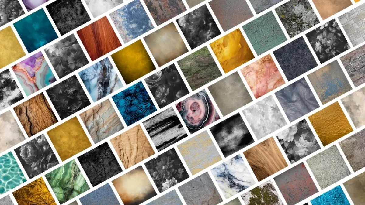 Collage of high-resolution Photoshop texture overlays used in portrait and fine art photography, featuring painterly, canvas, paper, fabric, stone, and organic textures in neutral and artistic tones