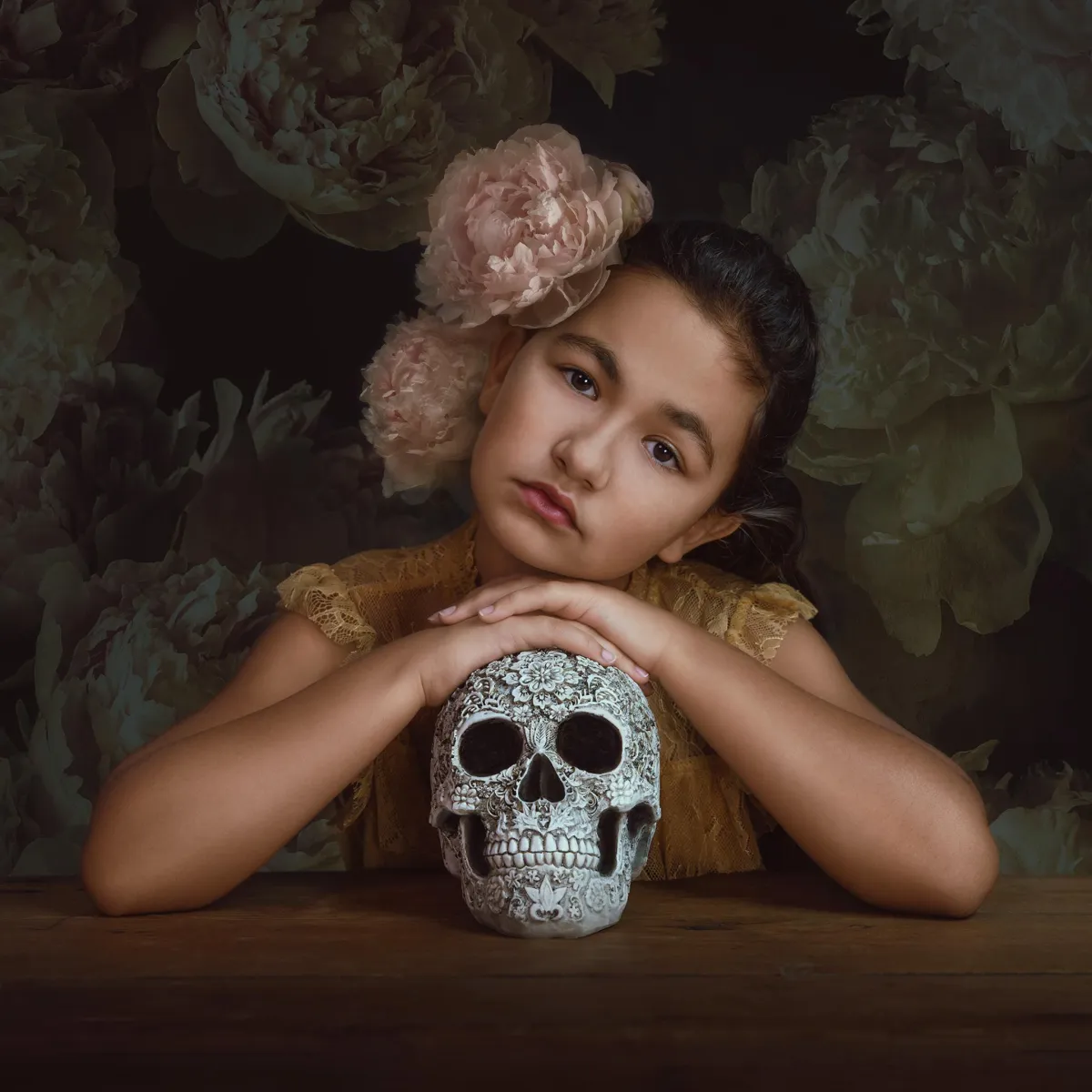 painterly portrait of girl with carved skull by Alana Lee