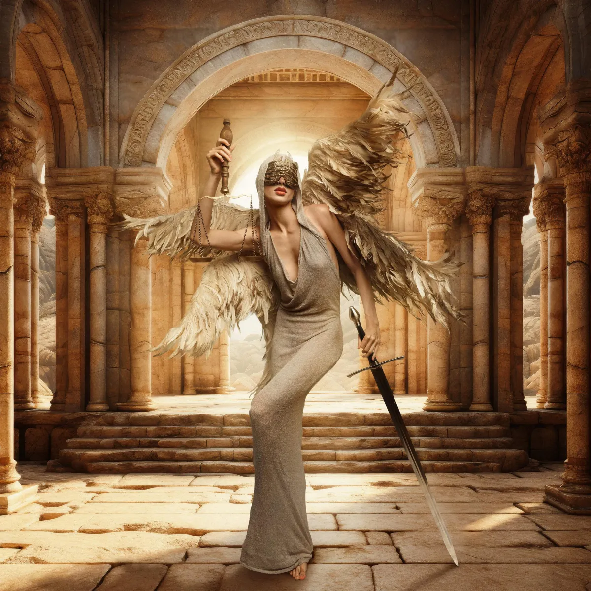 composite photography by Alana Lee of lady justice wearing feather wings and holding a sword and scale