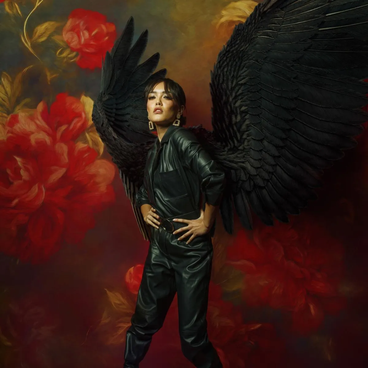 portrait by Alana Lee of a fashion model wearing leather jumper with digital black wing overlay and floral background