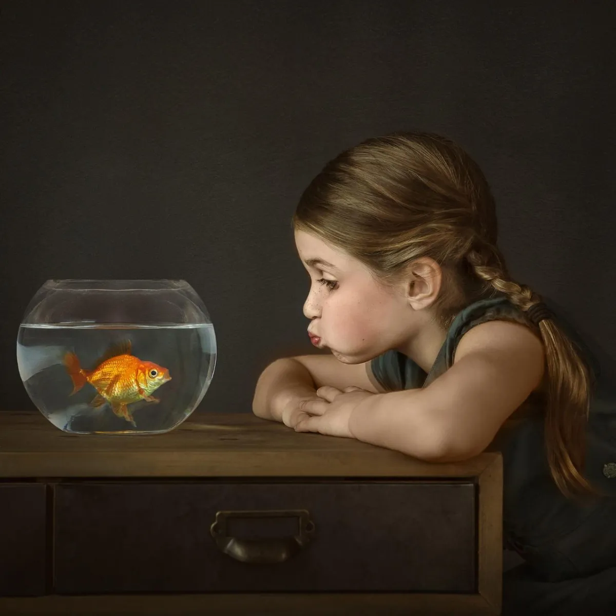 painterly portrait by Alana Lee of a girl and a goldfish