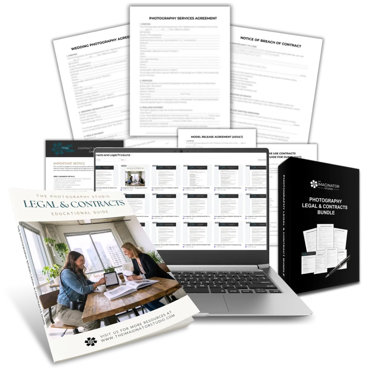 Photography Legal & Contracts Bundle mockup showing PDF contract templates, educational guide, laptop preview, and product box for professional photographers