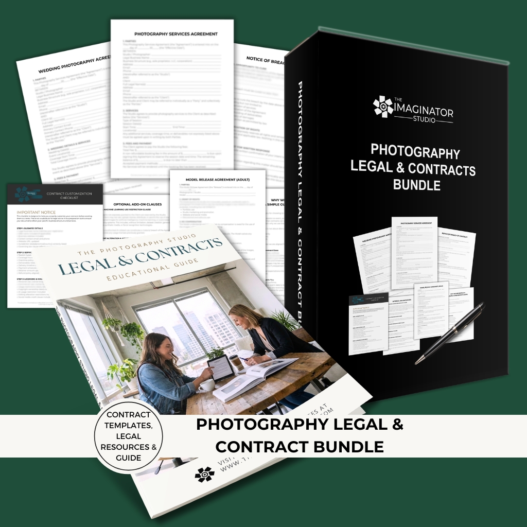 Mockup of Photography Legal & Contracts Bundle featuring wedding, portrait, and event contract templates, model releases, legal add-on clauses, and an educational guide for photographers.