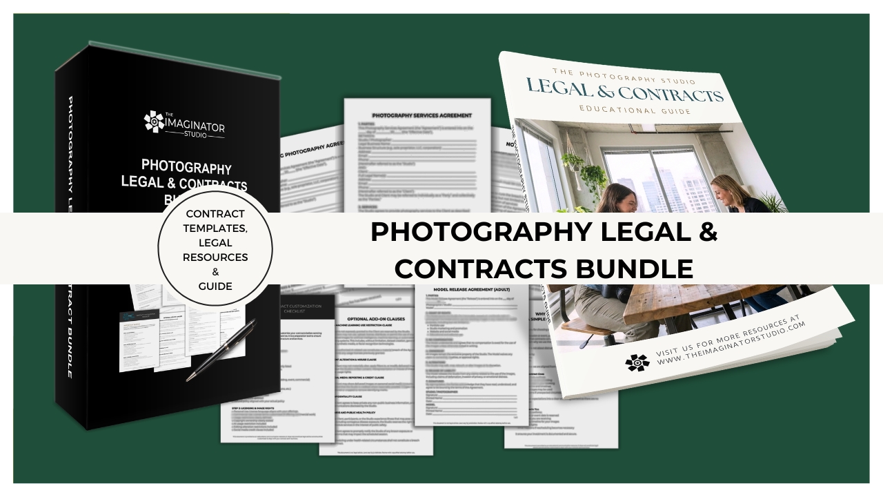 Photography Legal & Contracts Bundle mockup showing contract templates, legal resources guide, and professional PDF agreements for photographers.