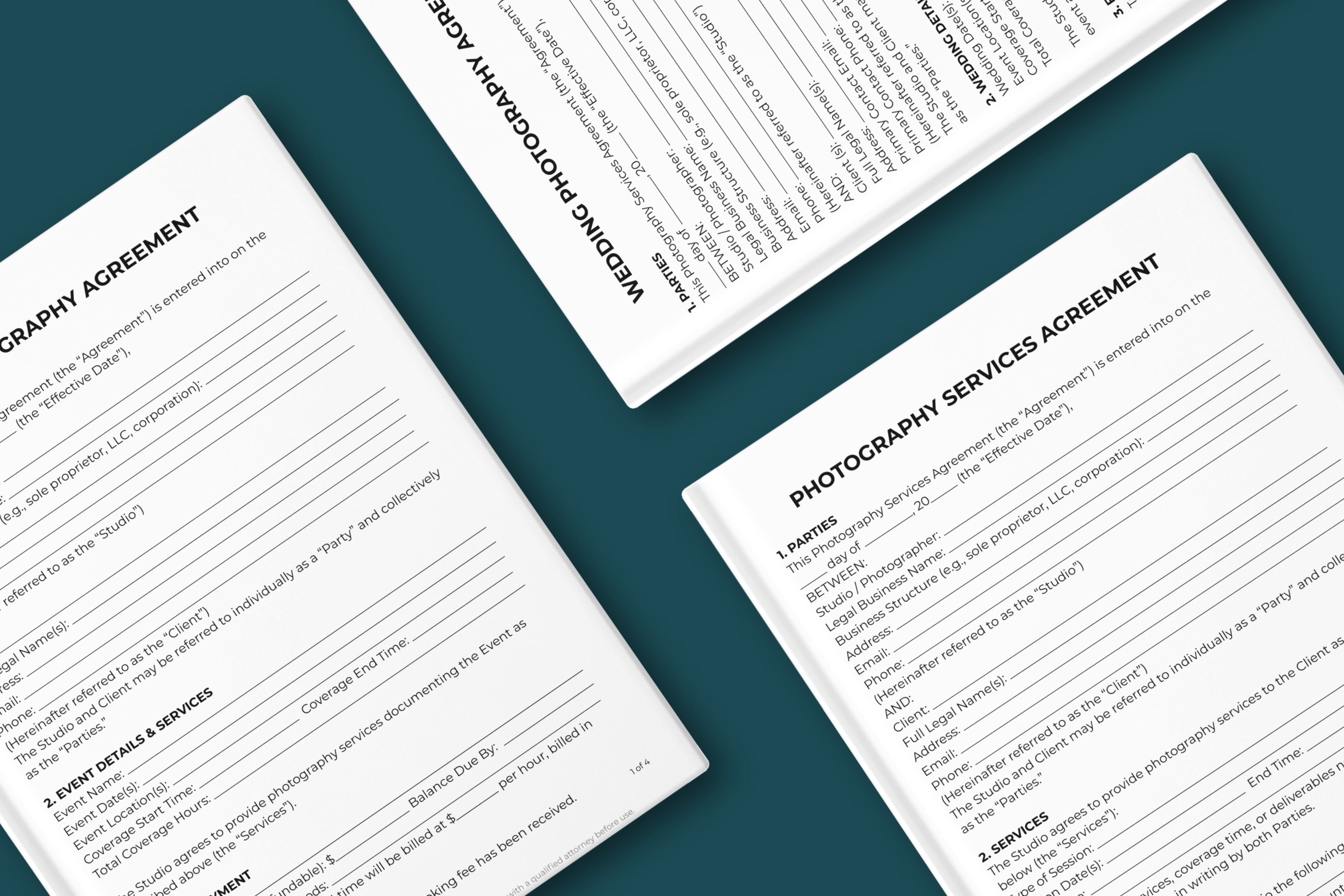Close-up mockup of photography contract templates including Photography Services Agreement and Wedding Photography Agreement displayed on a teal background for professional photographers