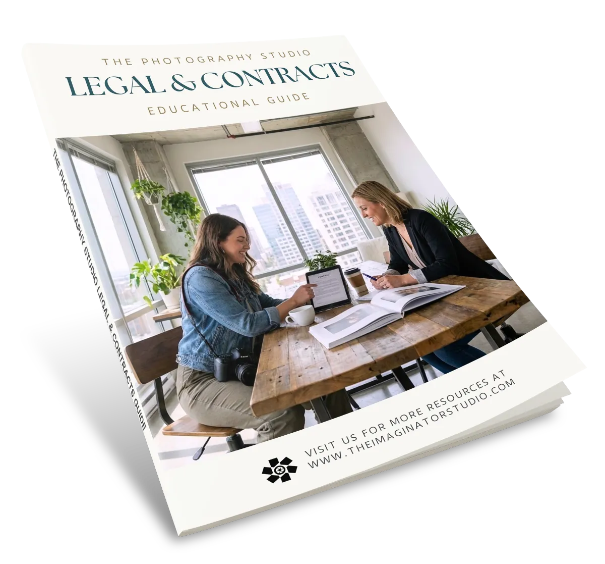 Photography Legal & Contracts Educational Guide book cover showing two women reviewing a contract on a tablet at a table, with the guide designed as a companion resource for photographers.