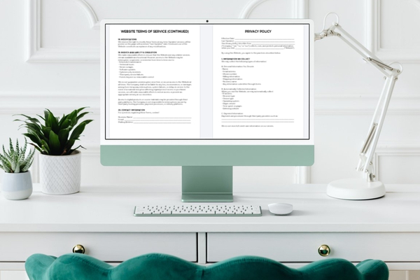 Computer monitor displaying website terms of service and privacy policy documents, styled as a bonus resource for photography business owners.