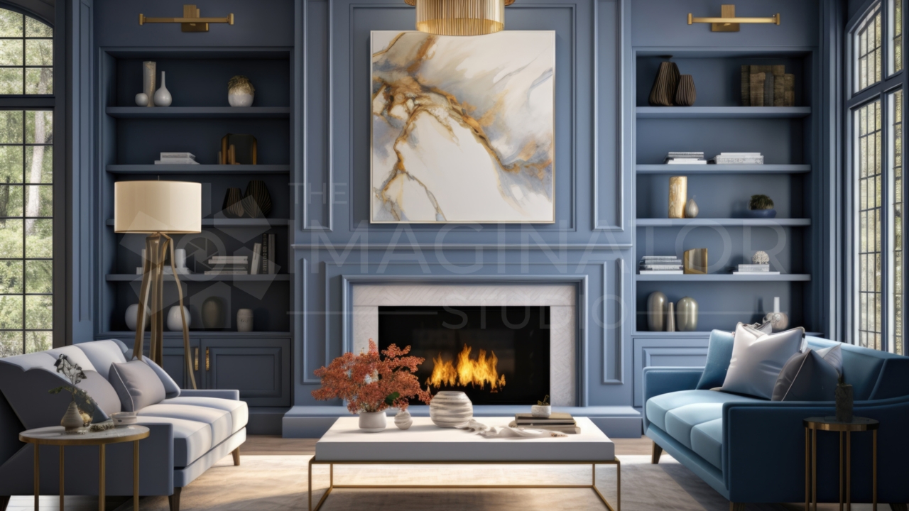 free digital headshot background of a modern blue living room