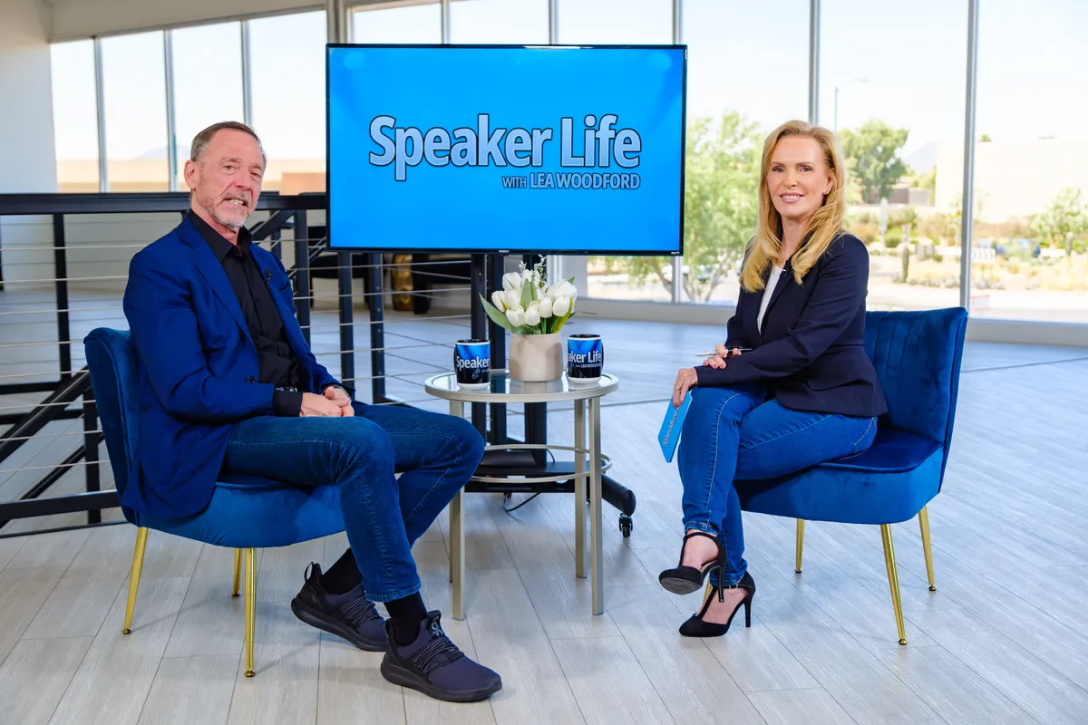 Lea Woodford interviewing a guest on Speaker Life