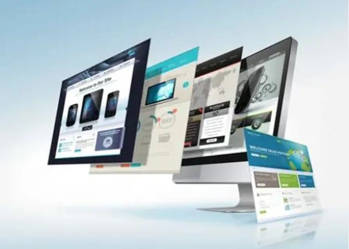 "Website design mockups displayed over a desktop computer for web development"