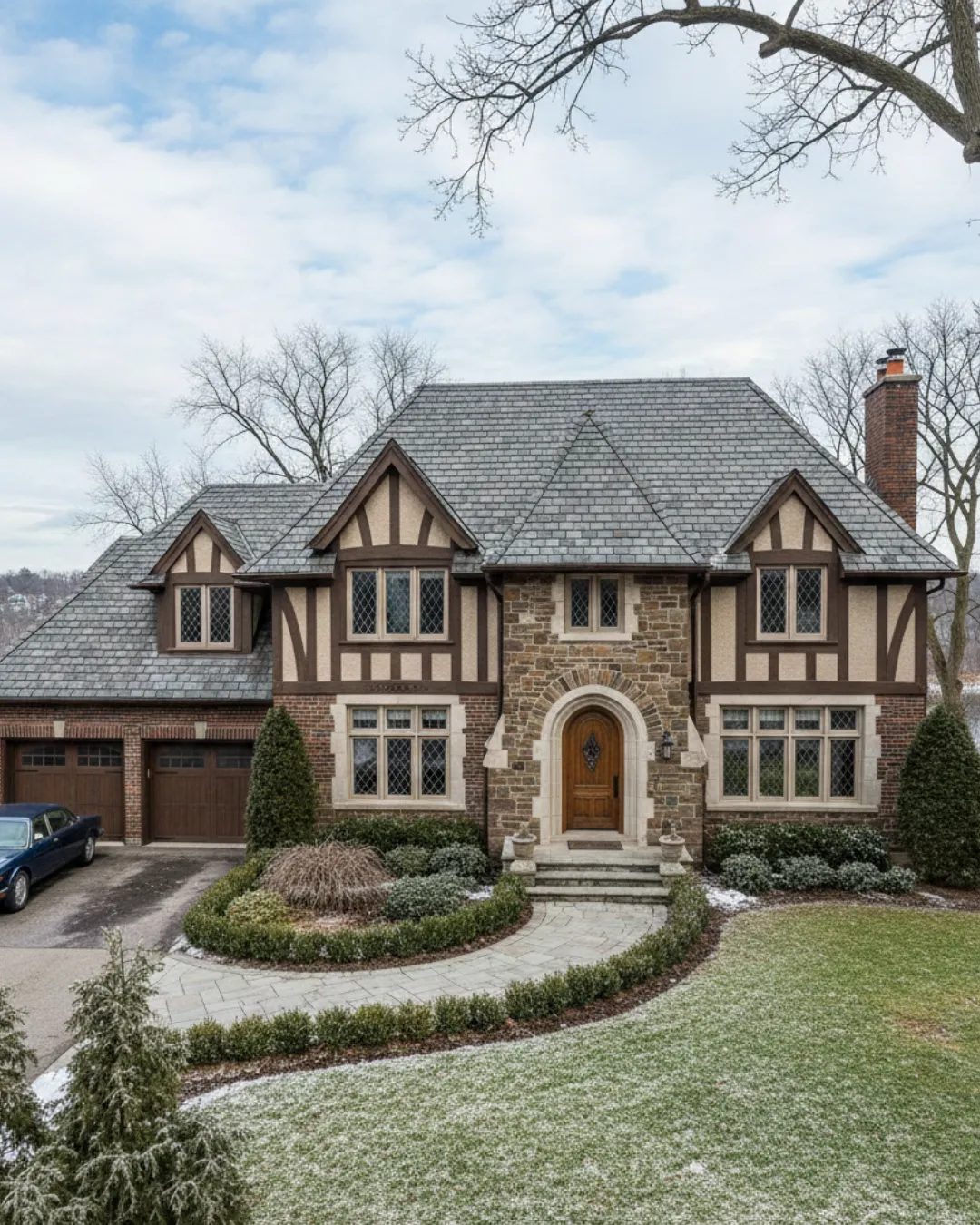 a modern house with a pool and lounge chairs