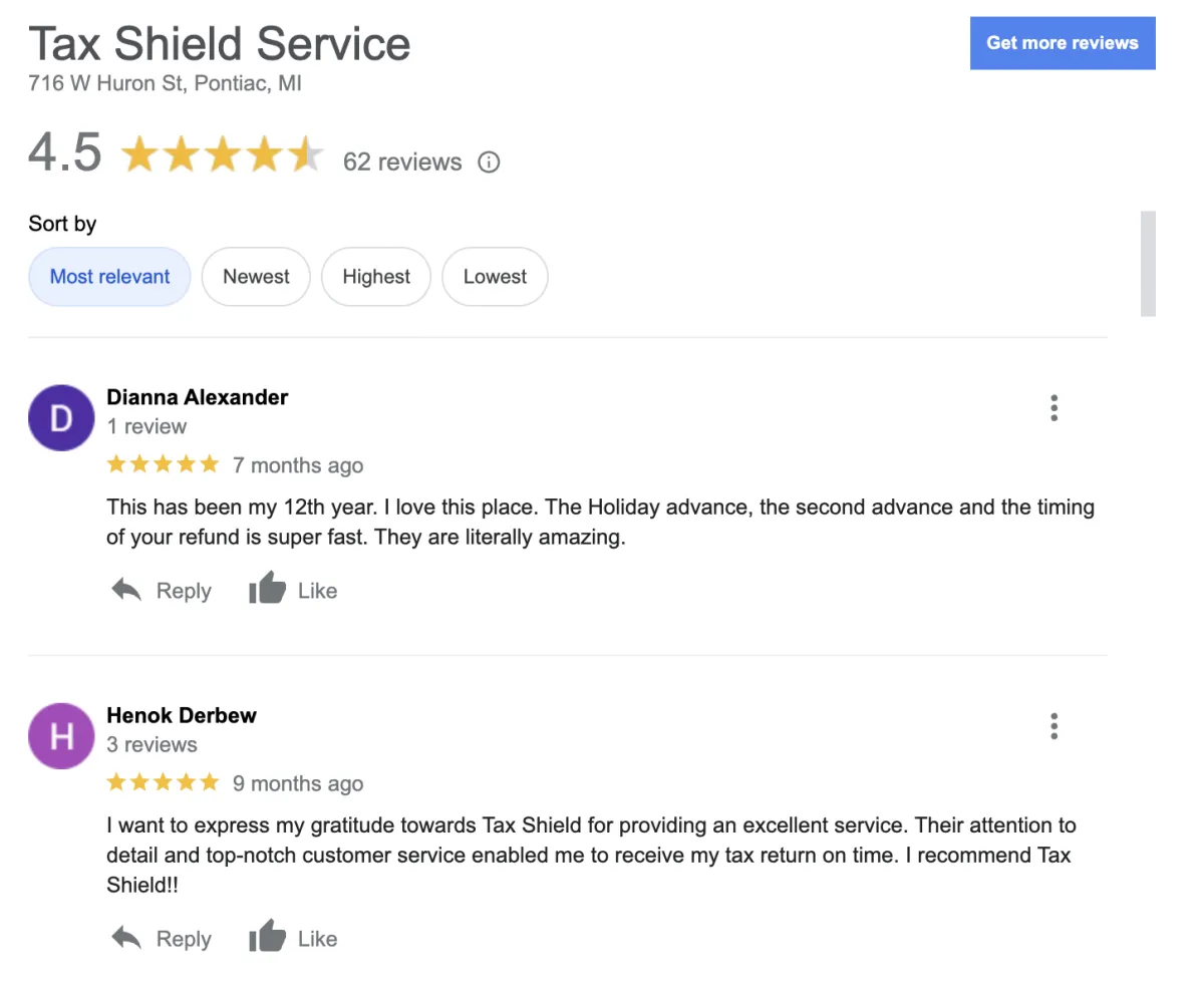 Tax Shield Services Google reviews
