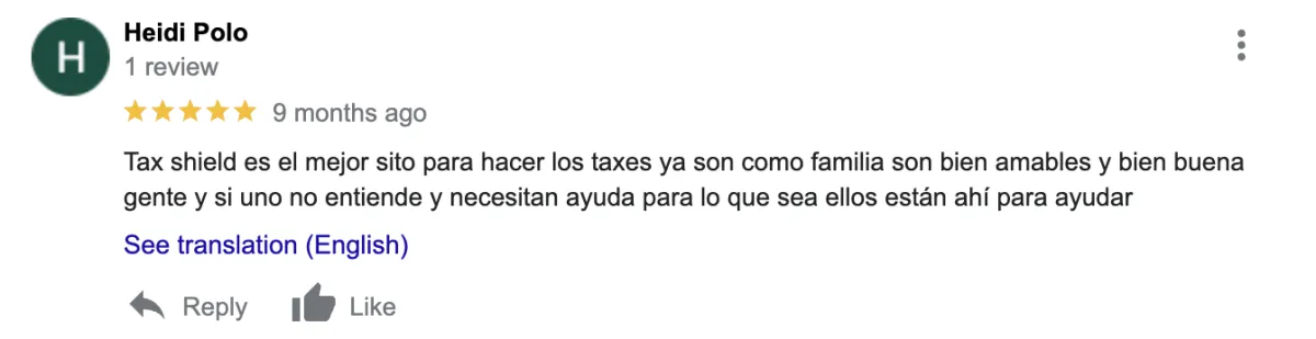 Tax Shield Services Google review Spanish