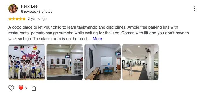 Parent review screenshot for Mighty Kicks Taekwondo