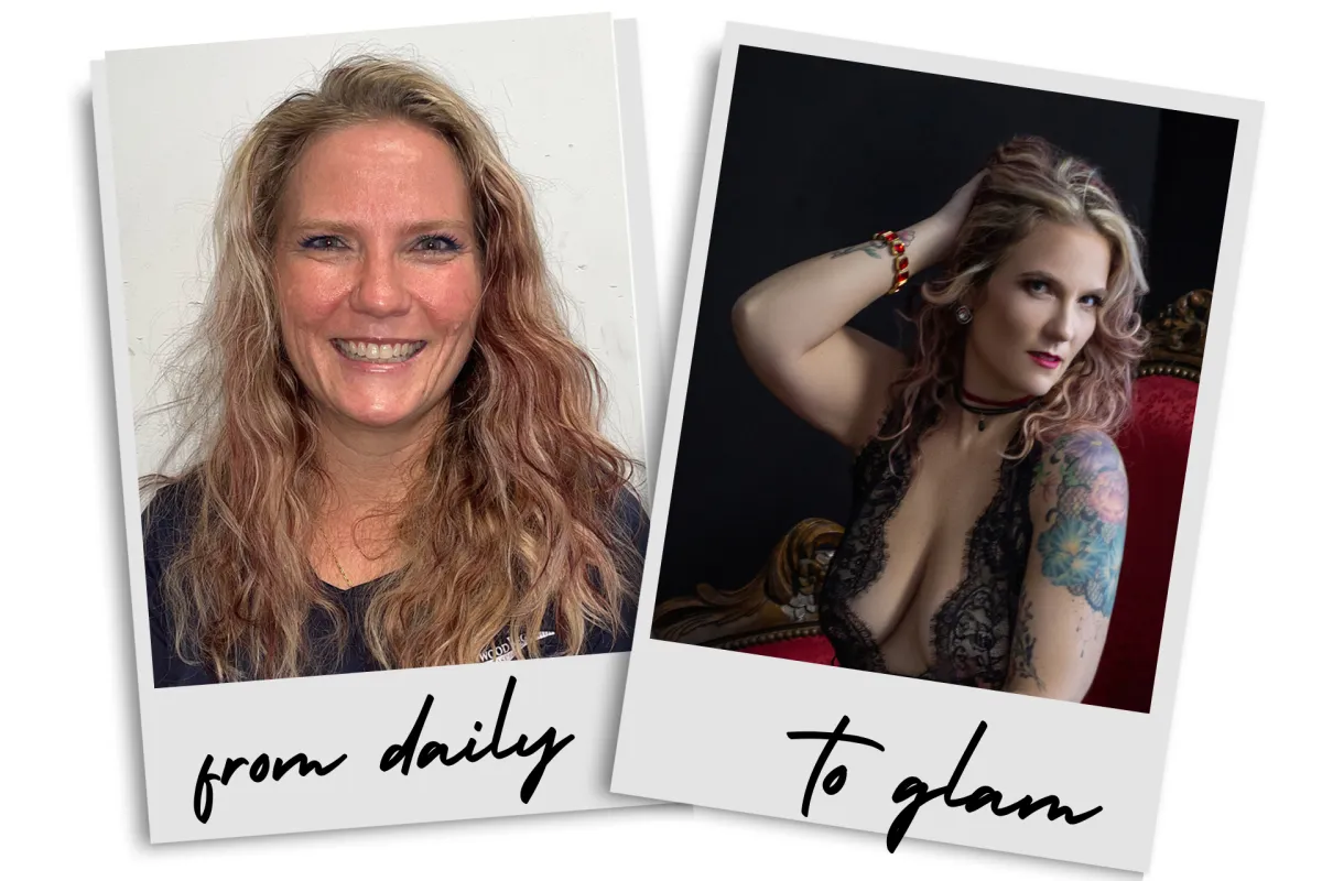 40 something woman in a photo with an everyday look. Then getting professional makeup artistr. Then we see her looking very glamourous in a photo shoot.