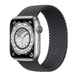 Apple Watch with a braided solo loop band displaying an analog watch face