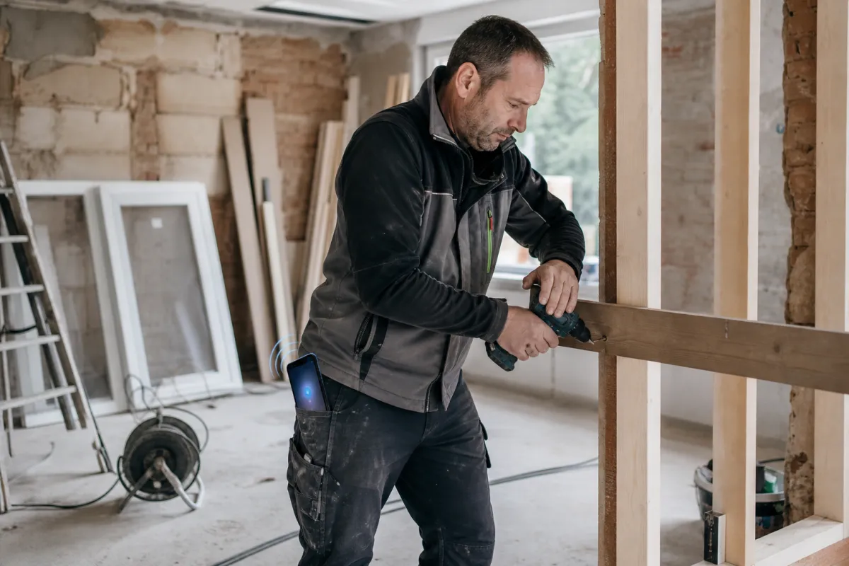 Handwerker mit staubigen Händen auf der Baustelle beim Versuch ans Telefon zu gehen