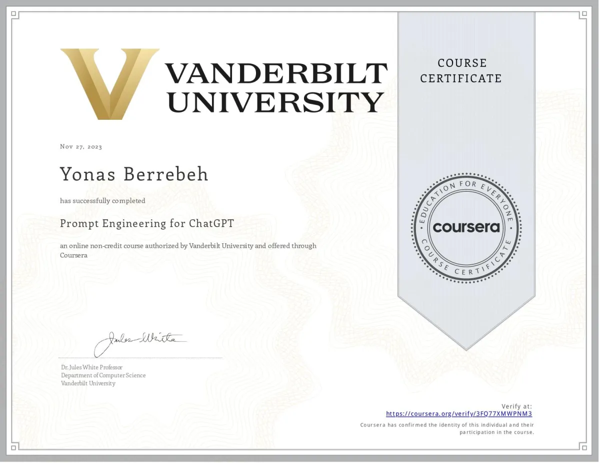 Certificat Prompt Engineering Yonas Berrebeh