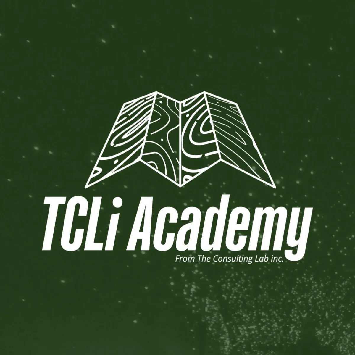 TCLi Academy logo with an open topographical map visual mark against a green background with floating light particles. Bold white italicized text reads 'TCLi Academy' with subtitle 'From The Consulting Lab inc.' below.