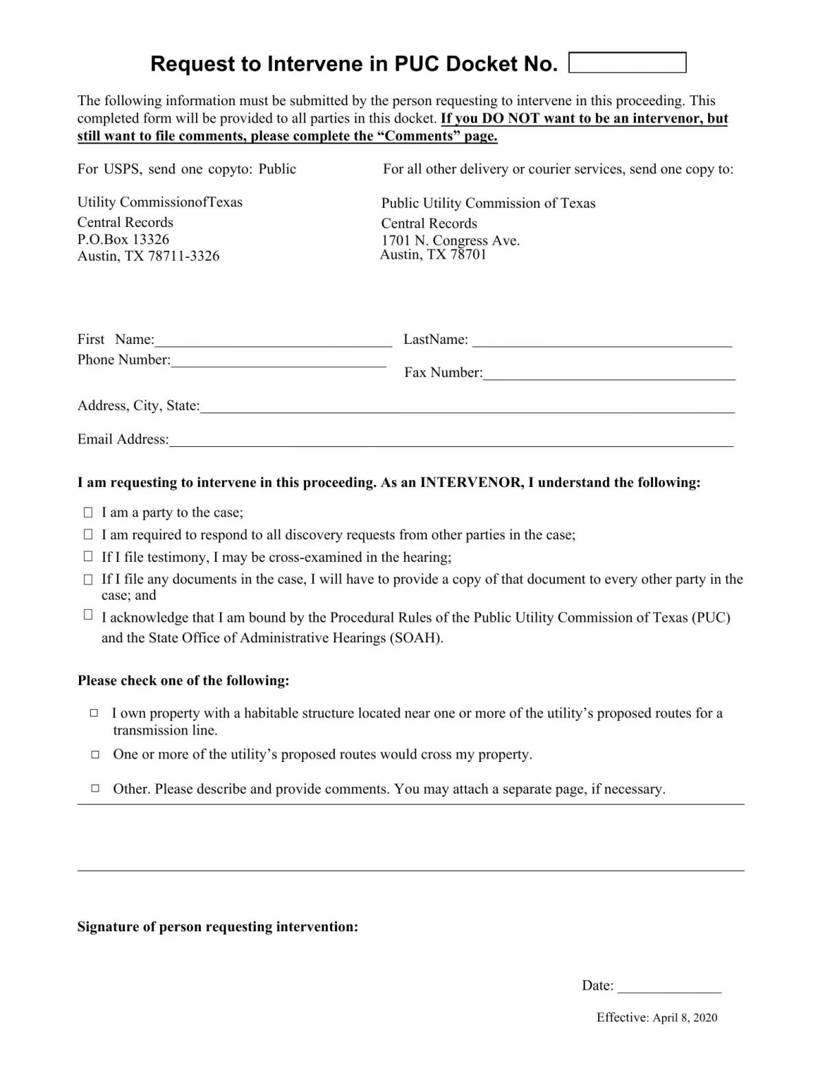 Request Form to Intervene in PUC