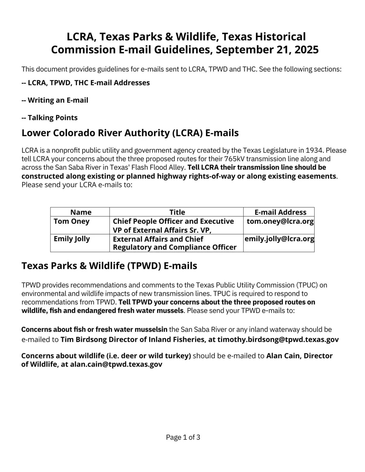 LCRA, Texas Parks & Wildlife, Texas Historical Commission E-mail Guidelines, September 21, 2025 