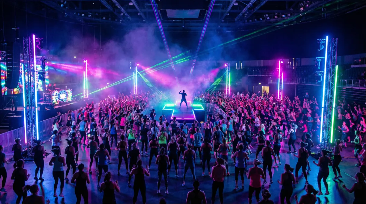 High-energy fitness crowd reaching toward stage lighting