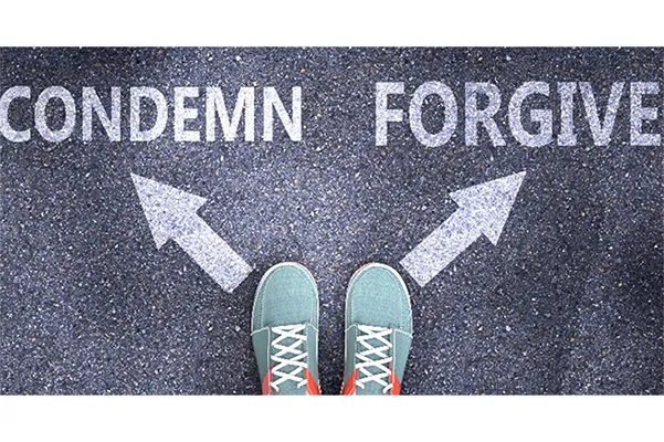feet at crossroads with arrows pointing to condemn or forgive