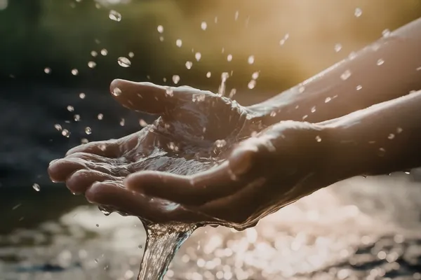 Hands splashing well water