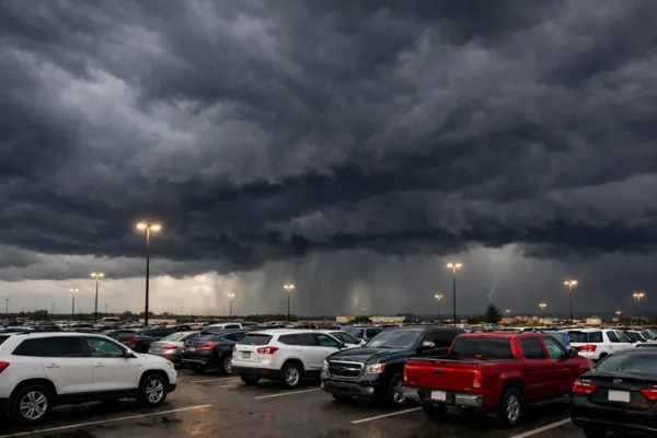 Dark storm clouds over a parking lot filled with exposed vehicles 