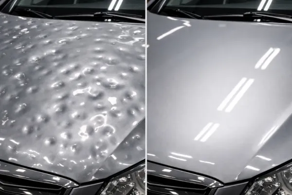 Side-by-side of a hail-damaged hood versus a protected, undamaged surface