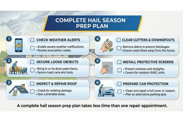 Checklist image: A clean visual checklist of storm season prep steps — Caption: "A complete hail season prep plan takes less time than one repair appointment."