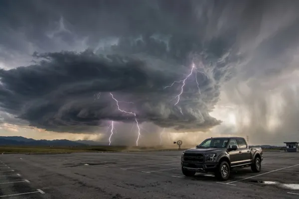 Truck exposure image: A full-size pickup truck parked in an open lot under threatening storm clouds — Caption: "More surface area. More exposure. More reason to have Hail Shield in the cab."