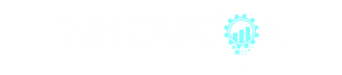 Innovatoa word logo in white with a light bulb used as the second letter o in the word