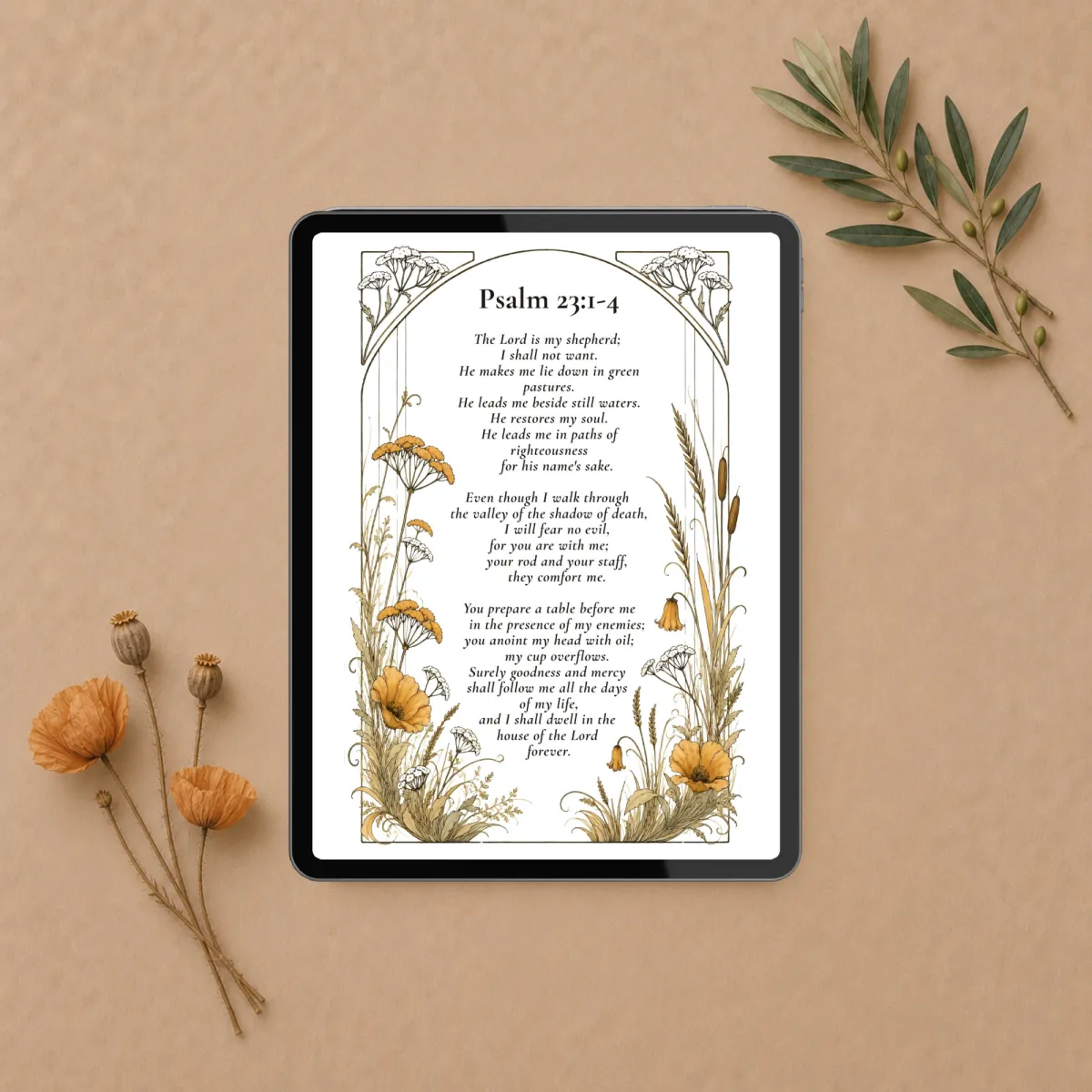 Psalm 23 art page from In The Valley Planner displayed on a tablet — printable Christian devotional for chronic illness