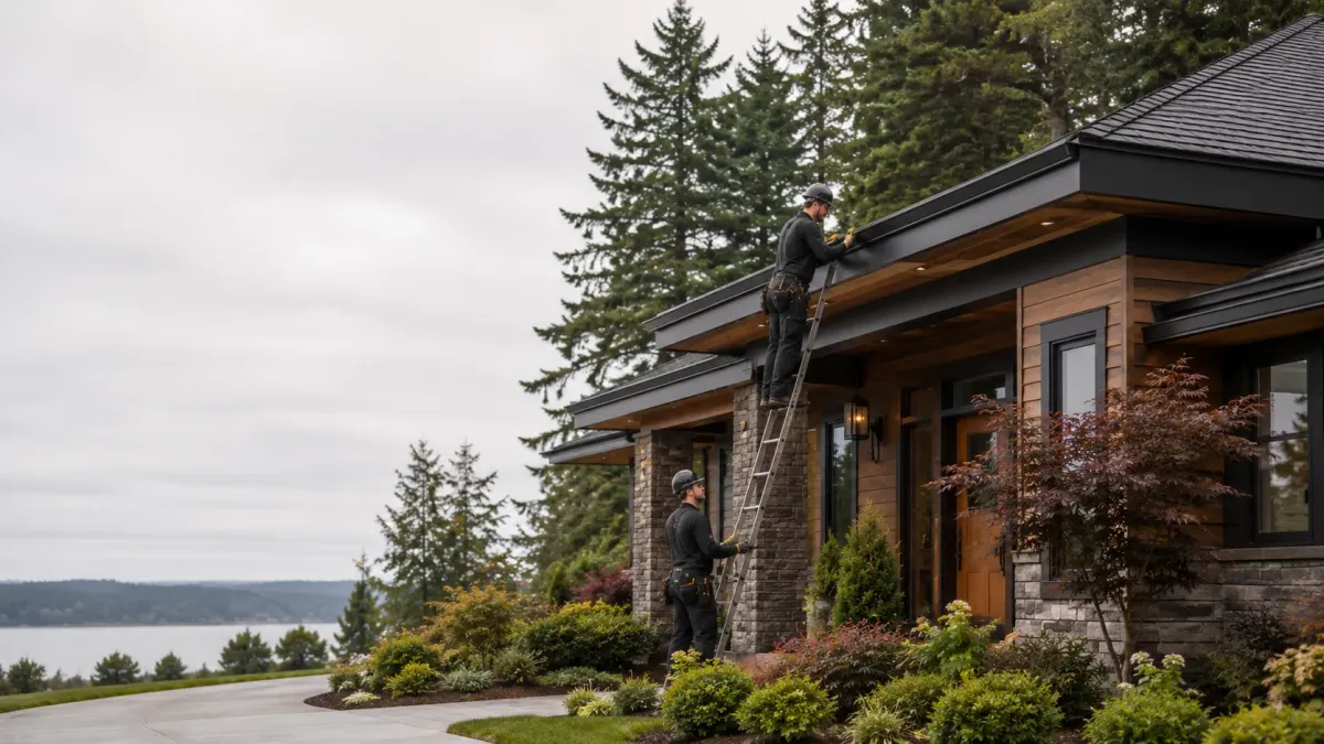 Pacific Northwest Craftsman home in Renton with a professional crew replacing old gutters with new seamless aluminum gutters and downspouts.