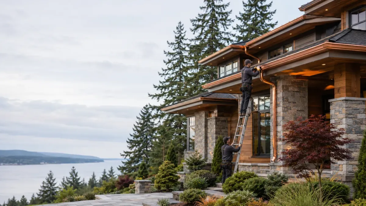 Modern Renton home with craftsmen installing premium aluminum gutters, concealed hangers, and oversized downspouts under soft overcast daylight.
