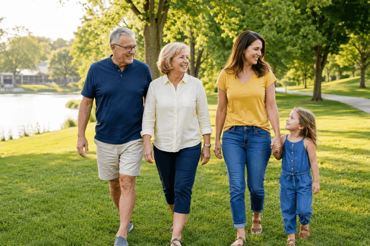 An older couple walks in a park with their two children, enjoying a sunny day together amidst greenery.
