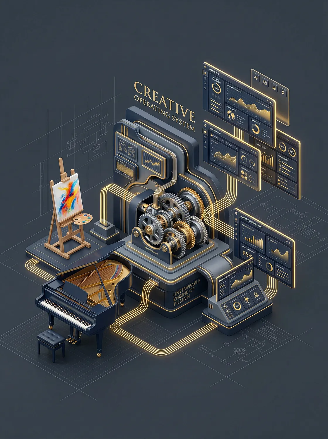 A sophisticated 3D diagram showing musical instruments and art tools connected to marketing dashboards, representing the "Integrated Thinking" required to turn a craft into a profitable business.