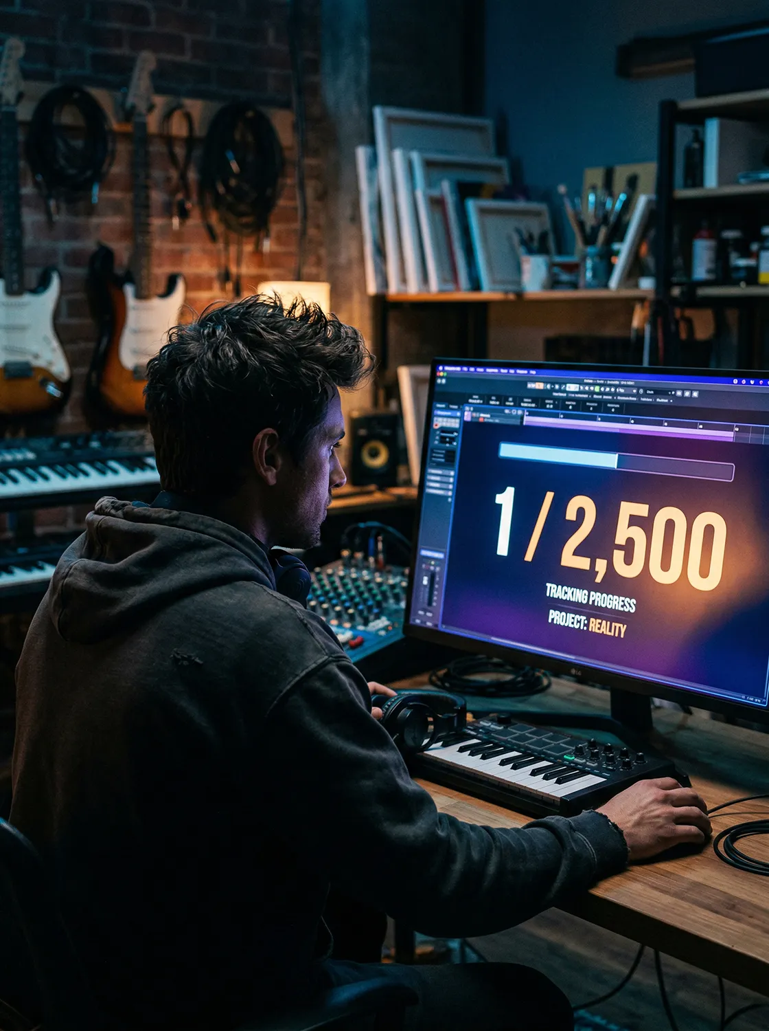 A focused creator looking at a digital dashboard displaying progress toward a 2,500-member goal, highlighting "Track" as the clarity engine for recording reality.
