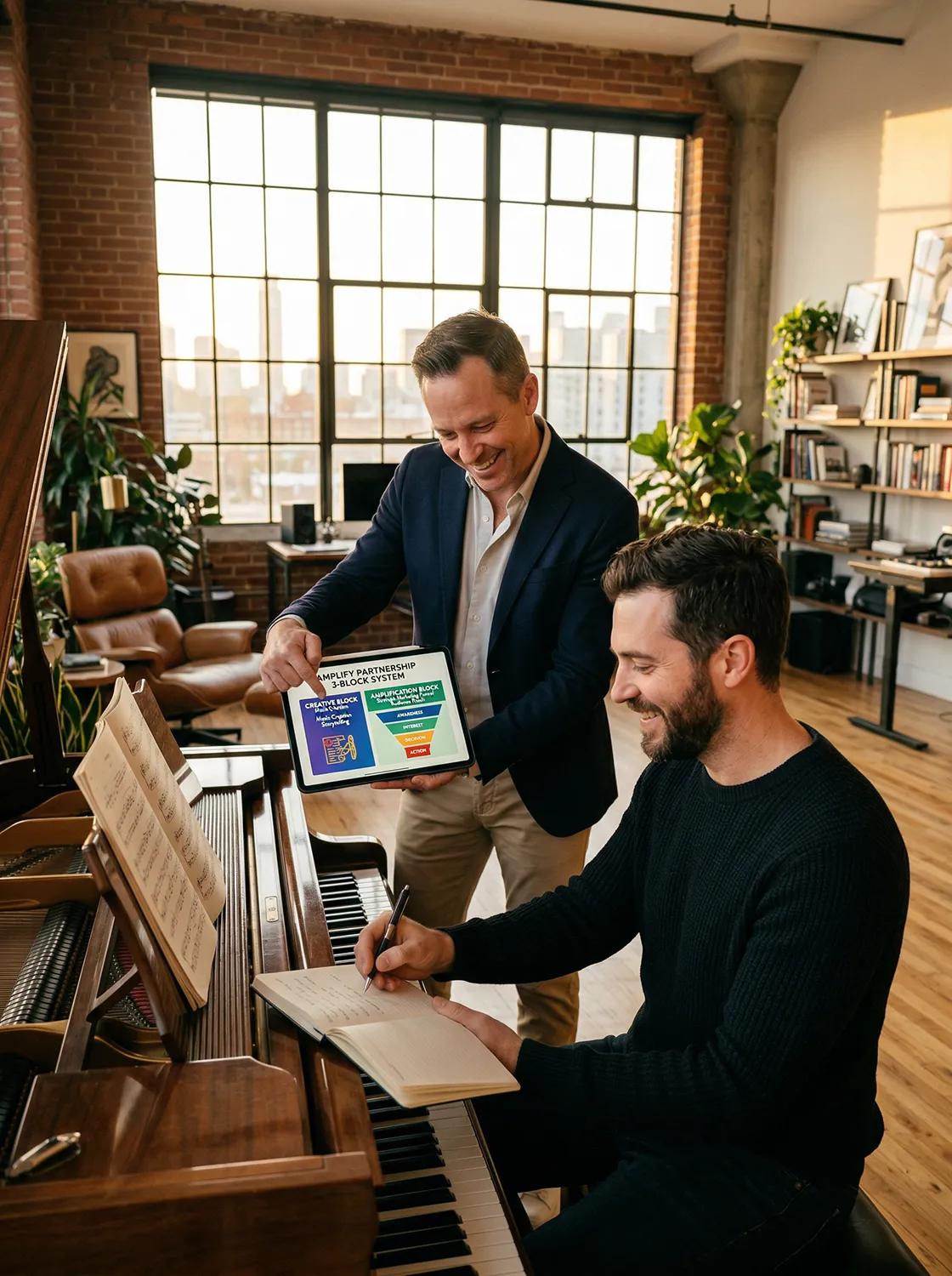 Two professionals collaborating in a modern studio, representing the "3-Block System" where creative production meets strategic amplification and agency-level marketing.
