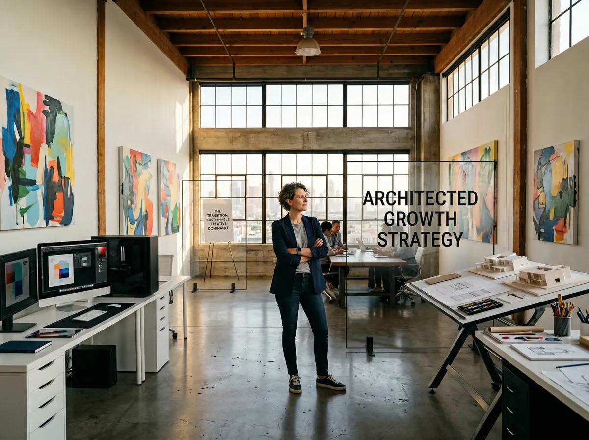 A confident creative standing in a spacious, organized studio, representing the "Architected Growth" and sustainable success achieved through consistent effort.