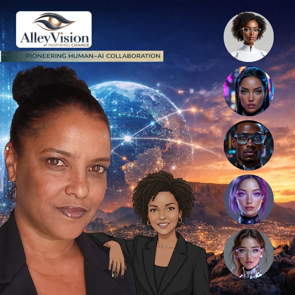 Allison Samantha Adams surrounded by AI avatars demonstrating human–AI collaboration and digital workforce concept.