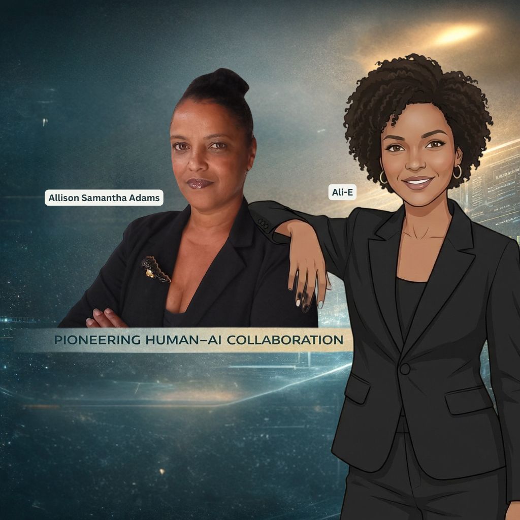 Allison Samantha Adams with AI digital twin avatar representing human–AI collaboration at AlleyVision Inspiring Change