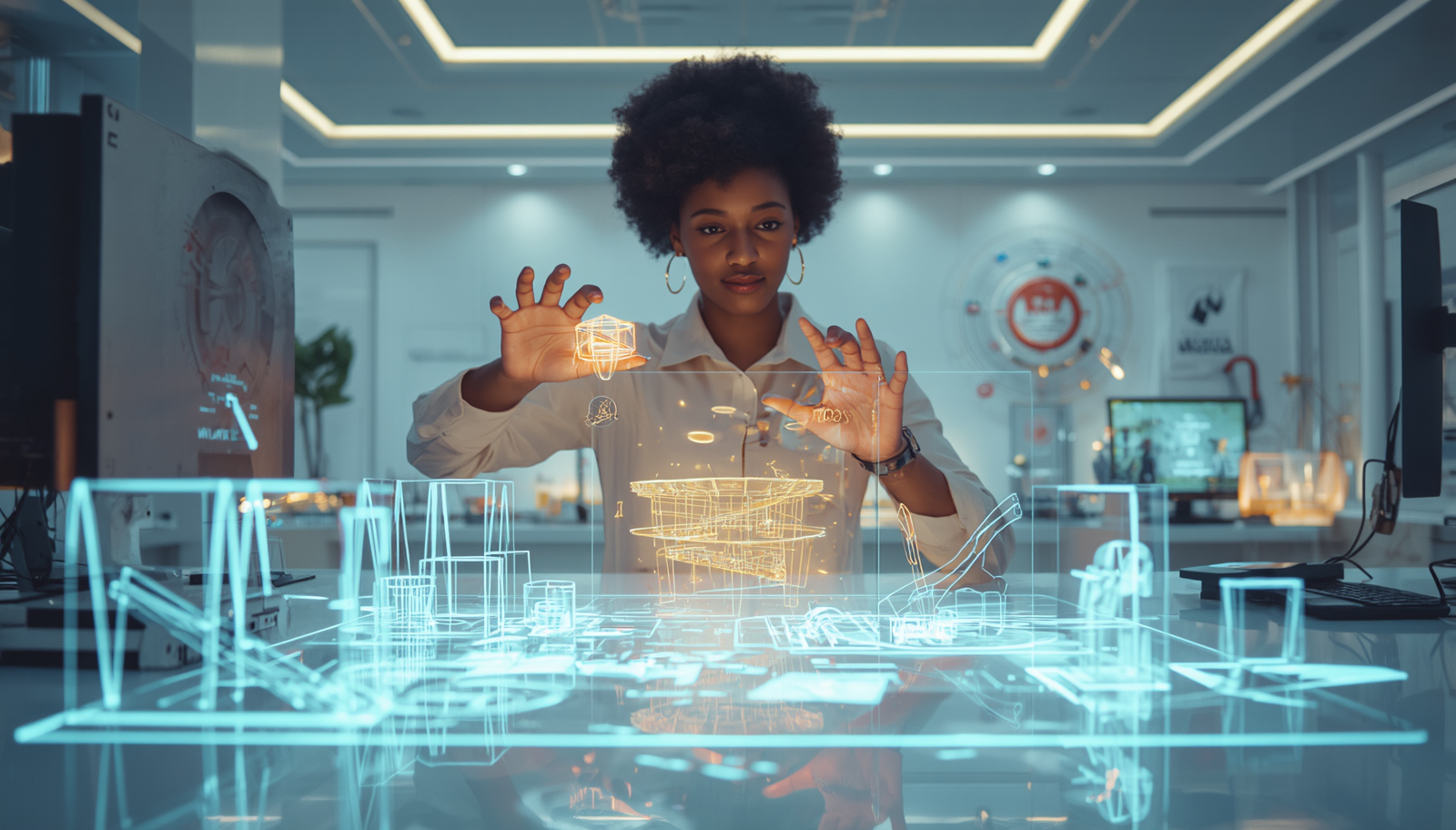 Person interacting with holographic interface using AI to solve real-world problems