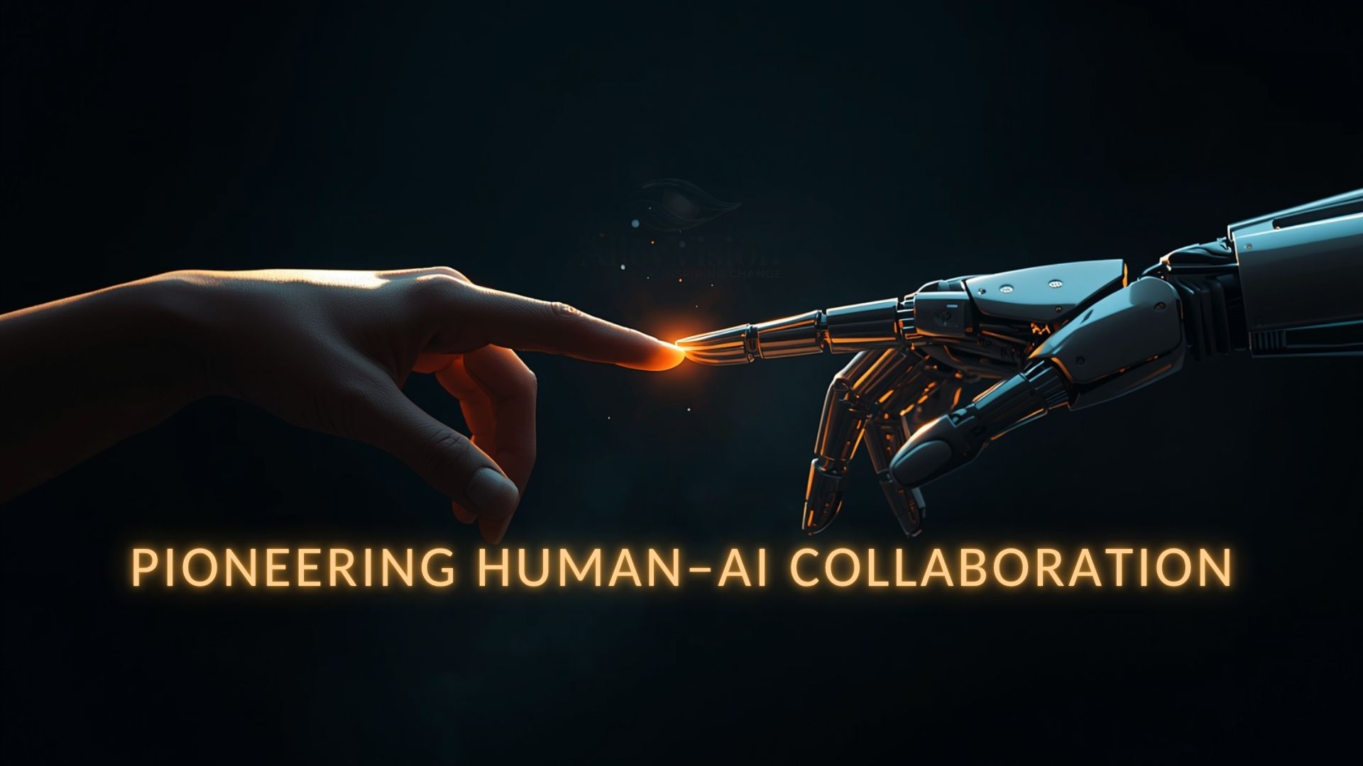 Human hand touching robotic hand representing human AI collaboration