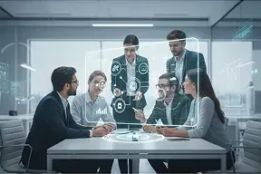 A marketing team using AI dashboards for automation and team training.