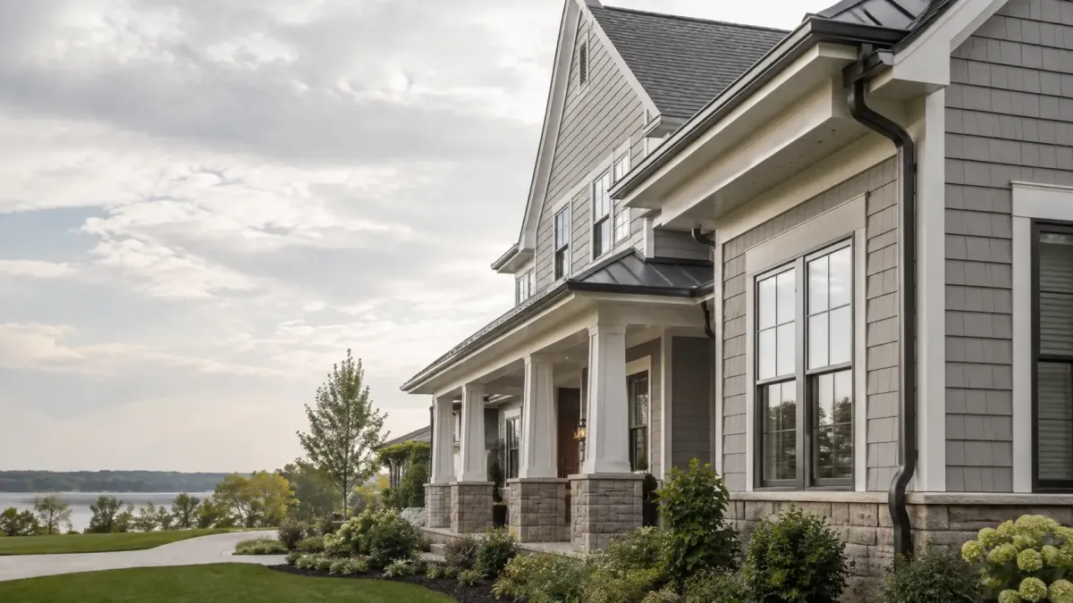 Ranch-style Comstock Park Michigan home with seamless gutter system, multiple downspouts, and professionally maintained curb appeal.